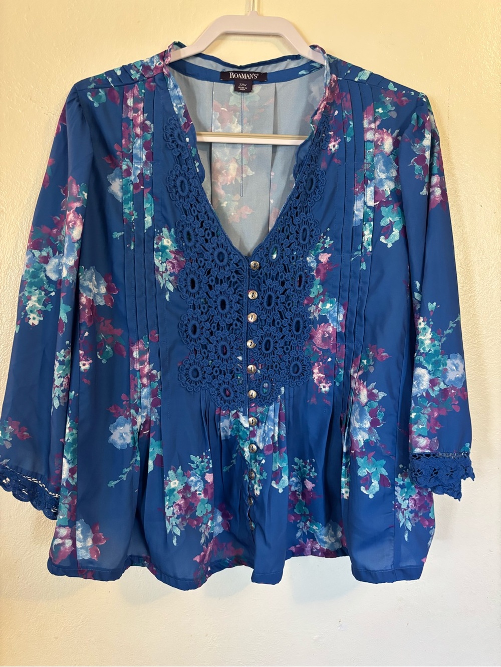 Roaman's Blue Floral Crochet V-Neck Blouse